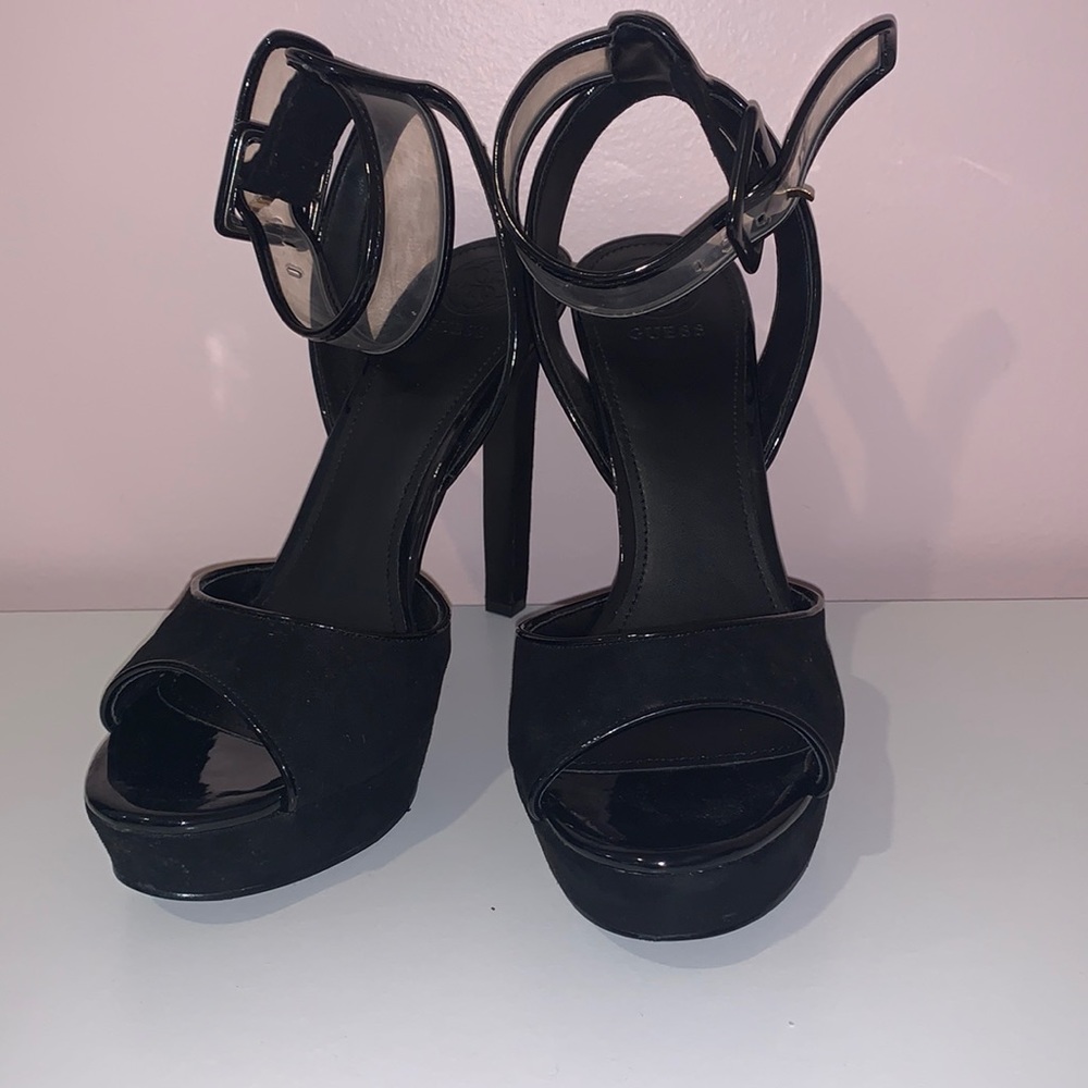 Guess Black Velvet High Heels w/ Clear Ankle Band